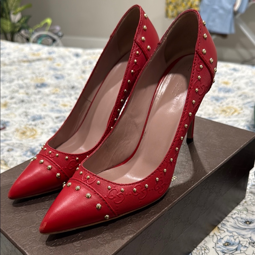 Gucci Red Stiletto Heels with Studded Design